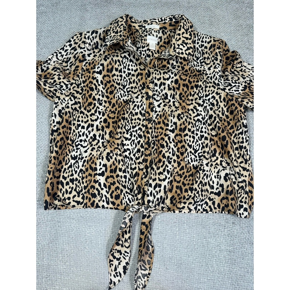 Chicos Top Womens 3 XL Animal Print Cotton Blouse No Iron Tie Waist Career - Picture 3 of 10